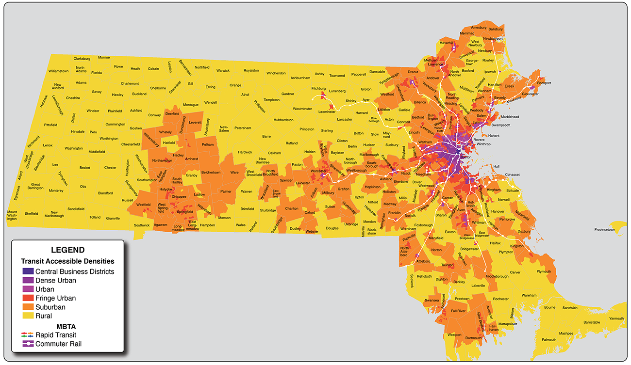 Figure 1. Transit Accessible Densities-Based Area Types with MBTA 
This figure shows different area types and location of major transit lines in state of Massachusetts.